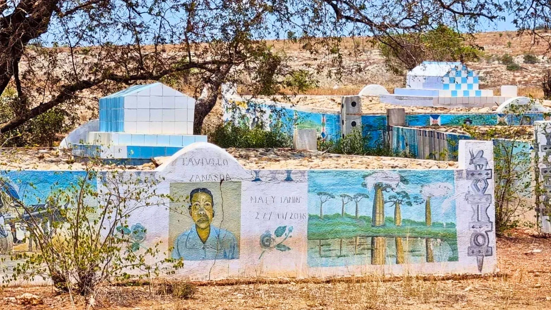 Cimetière coloré avec tombes murales peintes et portraits commémoratifs sous arbres secs