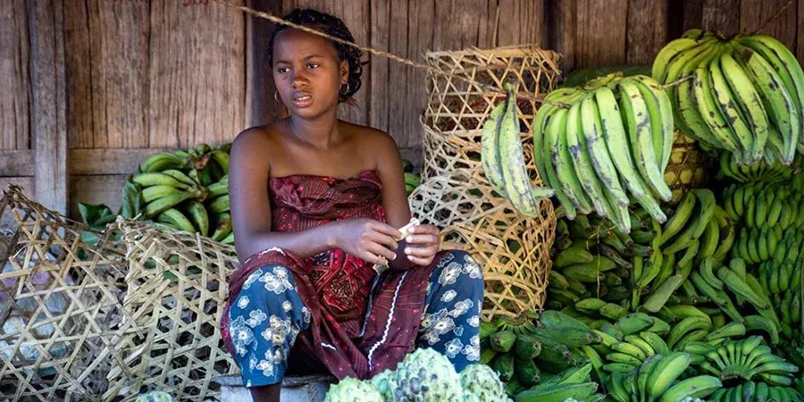 Femme assise entourée de régimes de bananes vertes à Madagascar