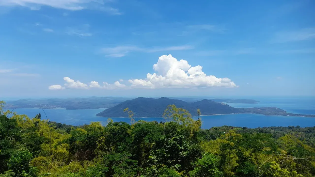 Paysage verdoyant de Madagascar avec montagnes et océan sous un ciel dégagé nuageux