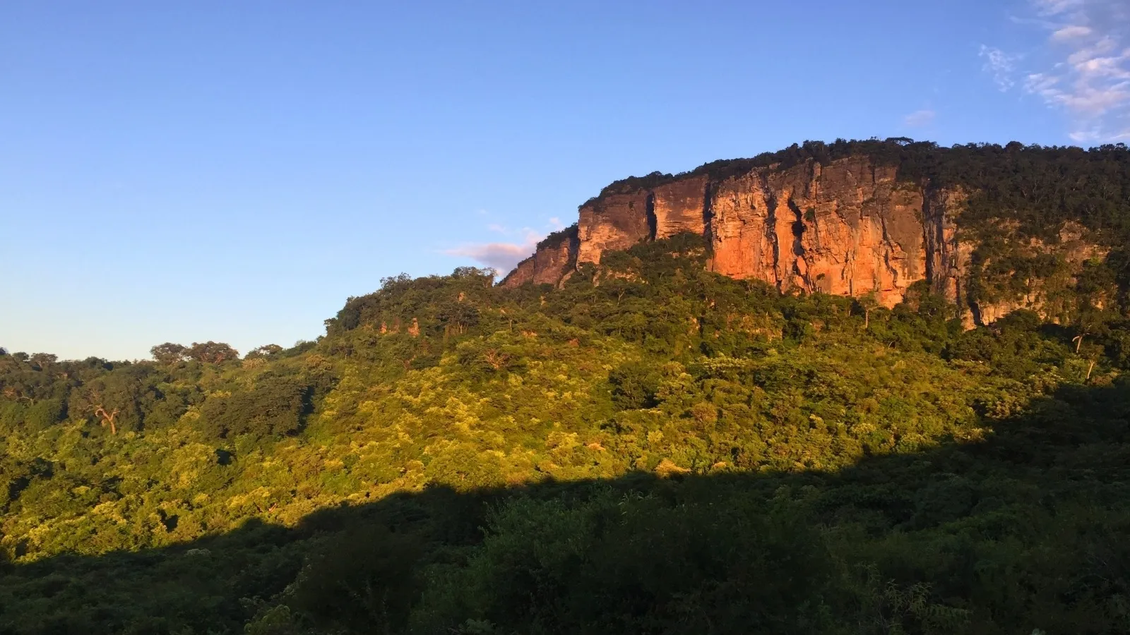 Paysage madagascarais au coucher du soleil montrant une falaise rocheuse et une forêt luxuriante baignée de lumière dorée