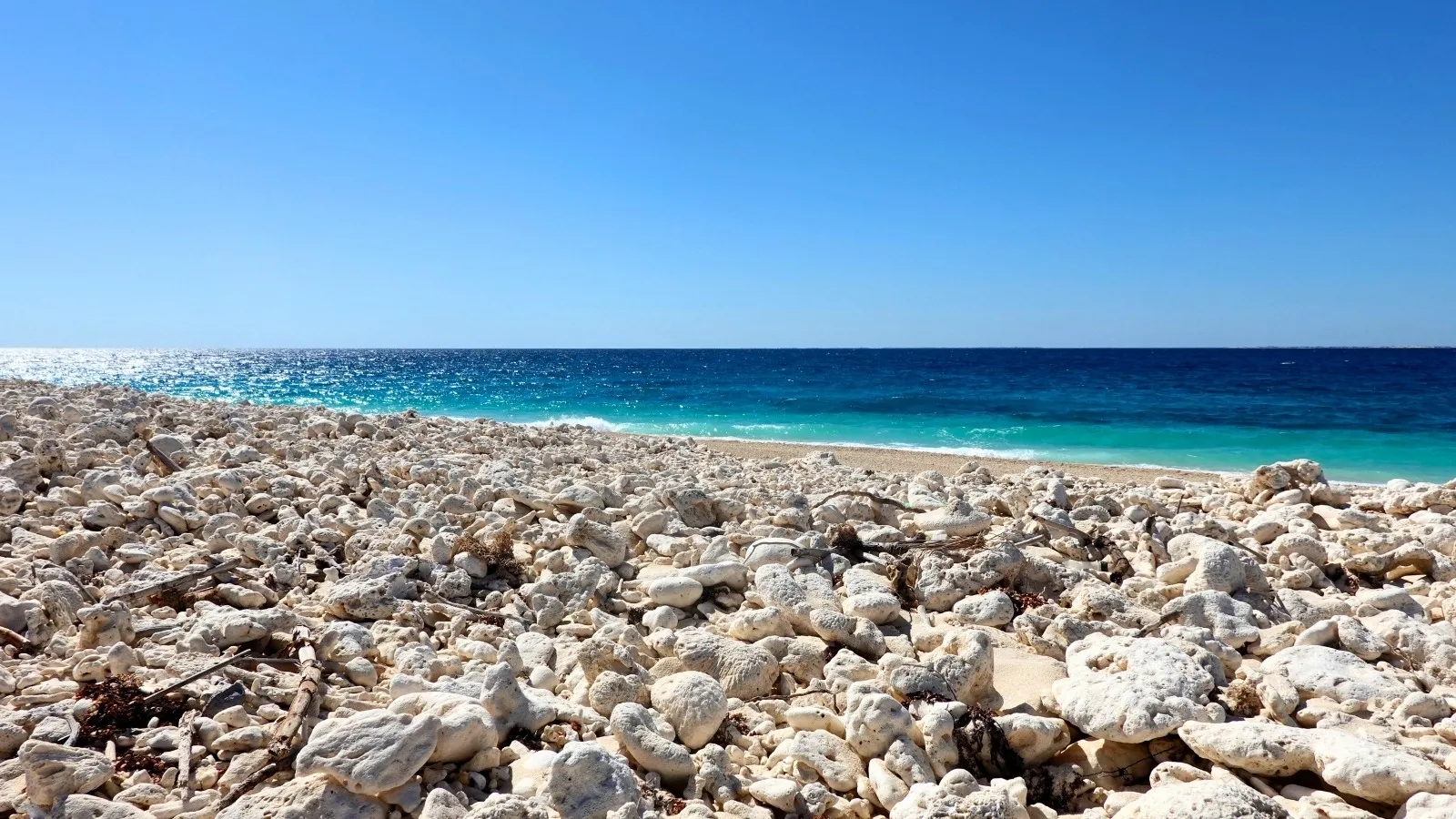 Plage de galets aux eaux turquoise sous un ciel bleu dégagé à Madagascar